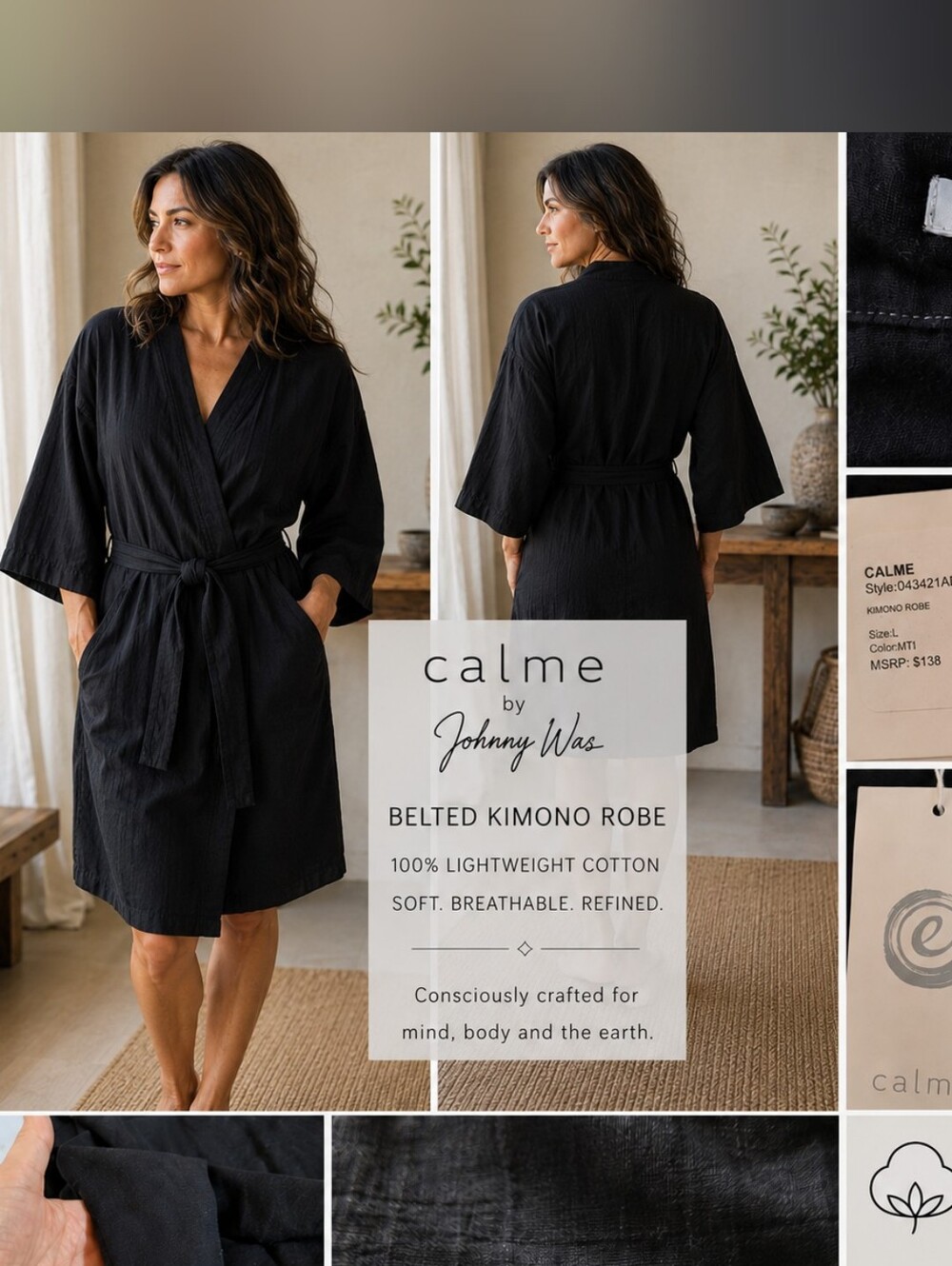 Johnny Was Calme Belted Kimono Robe Black Lg Cotton Style 043421AE New With Tags